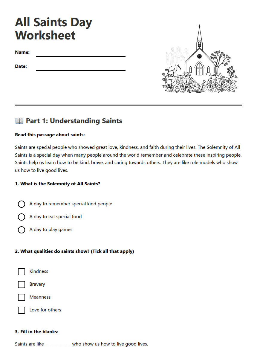 All Saints Day Worksheet worksheet preview