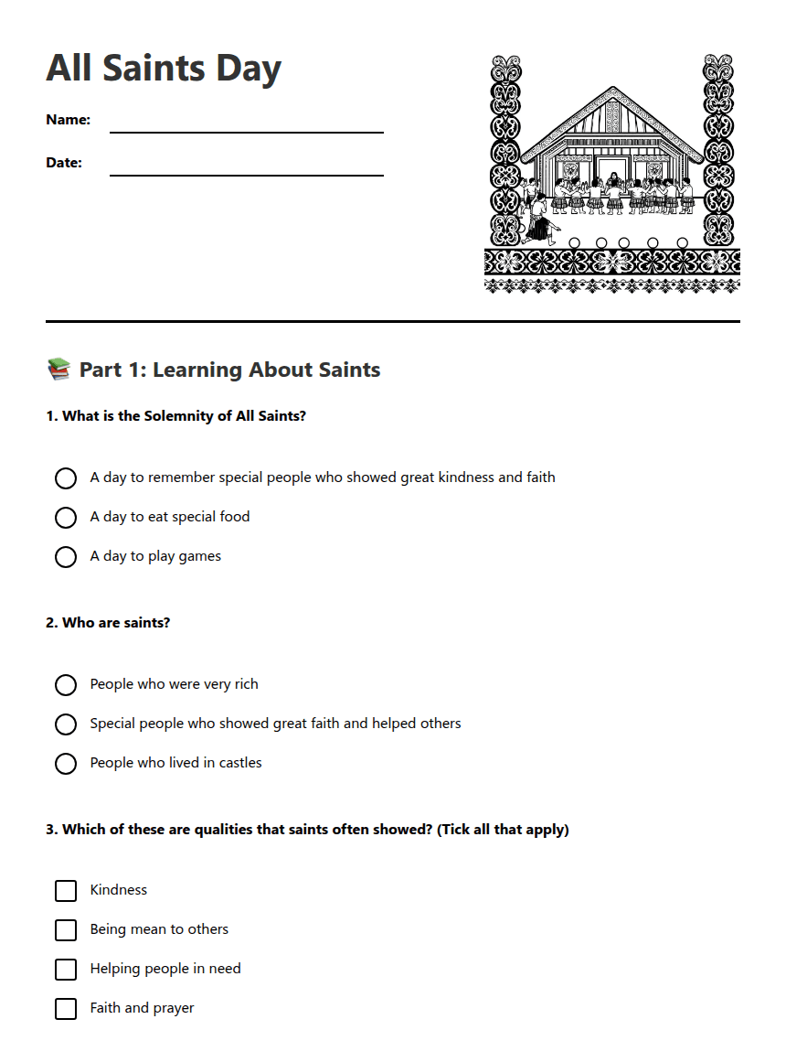 All Saints Day worksheet preview