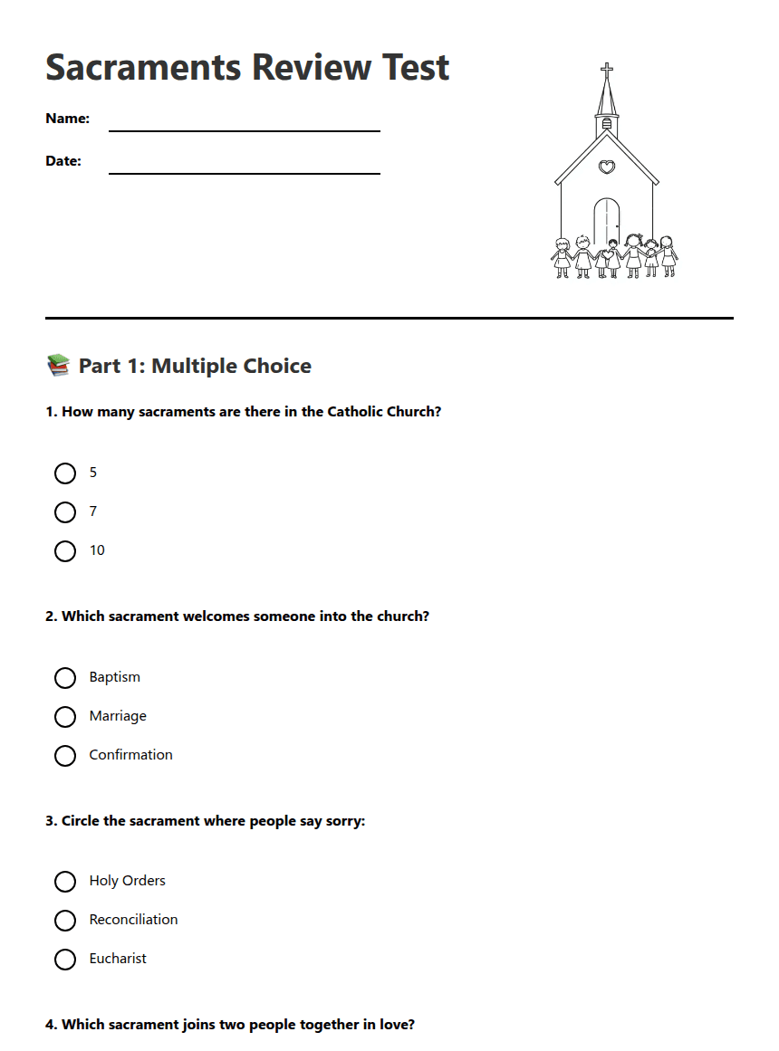 Sacraments Review Test worksheet preview