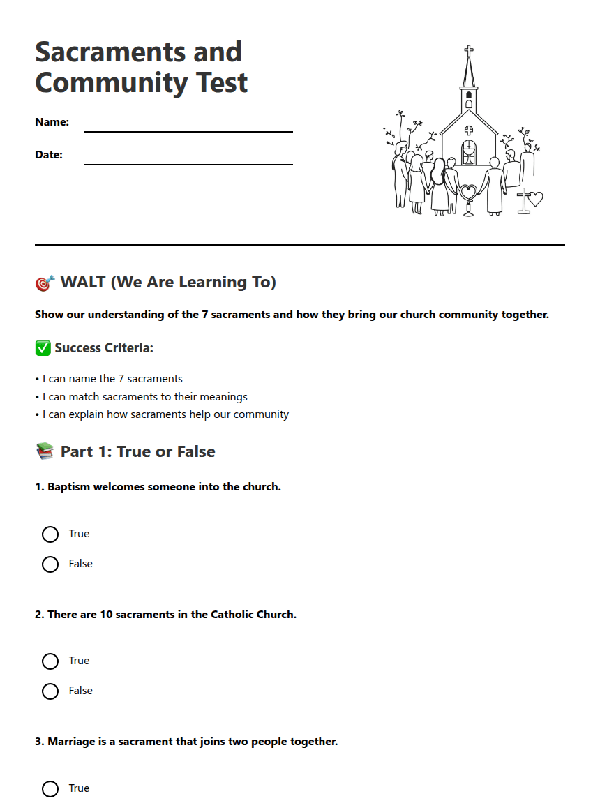Sacraments and Community Test worksheet preview