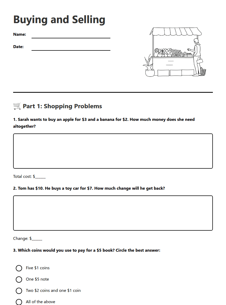 Buying and Selling worksheet preview
