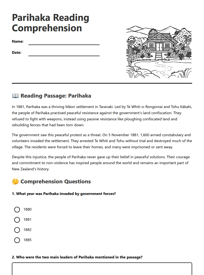 Parihaka Reading Comprehension worksheet preview
