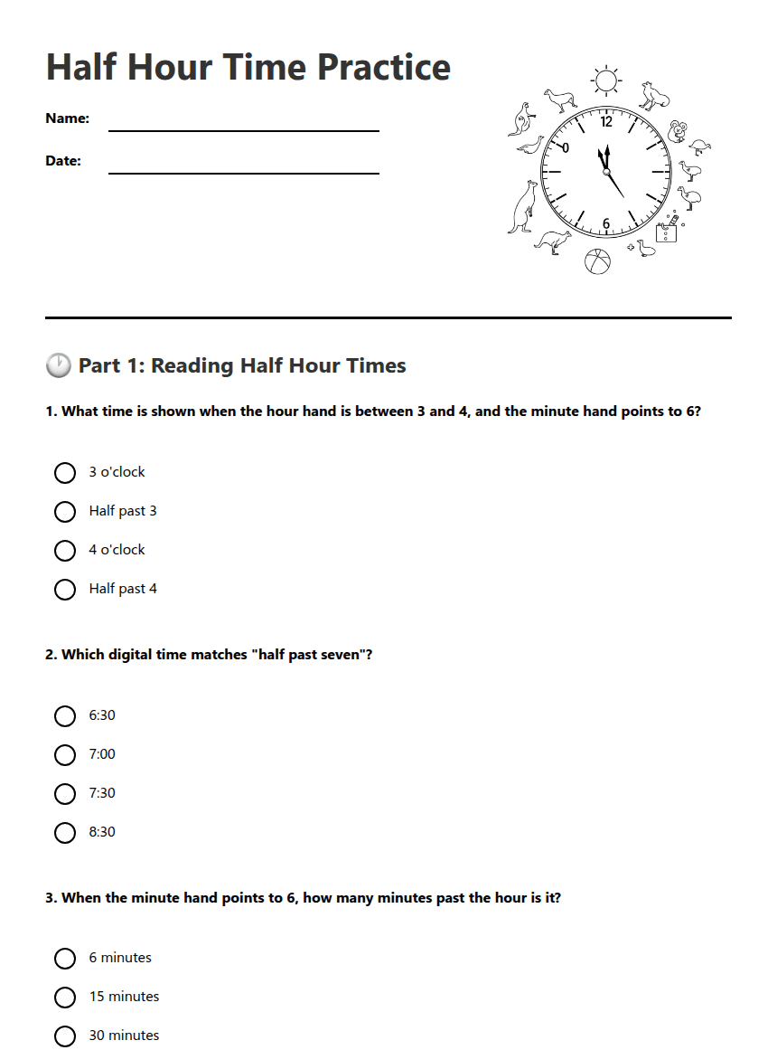 Half Hour Time Practice worksheet preview
