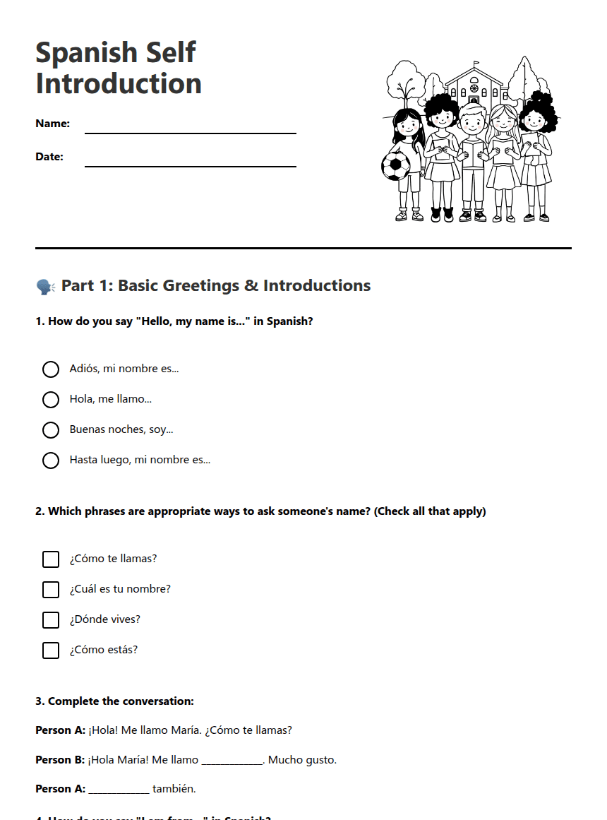 Spanish Self Introduction worksheet preview