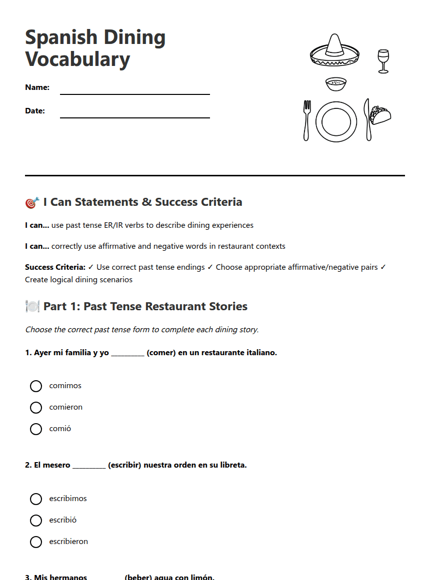 Spanish Dining Vocabulary worksheet preview