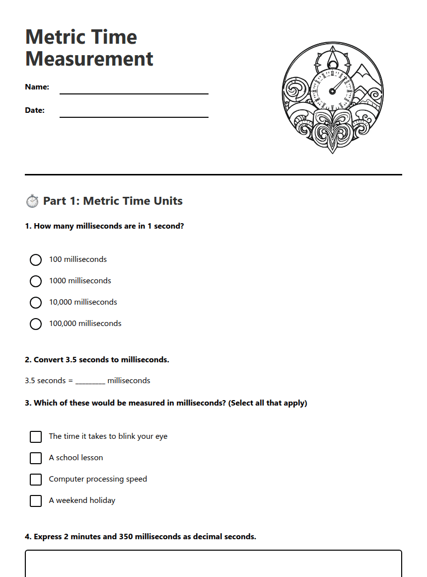 Metric Time Measurement worksheet preview