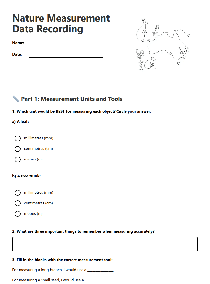 Nature Measurement Data Recording worksheet preview