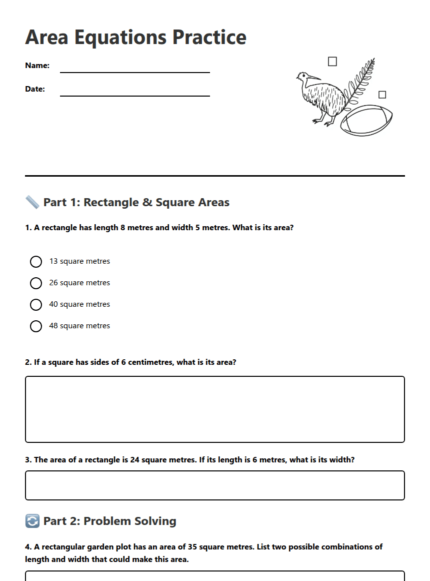 Area Equations Practice worksheet preview