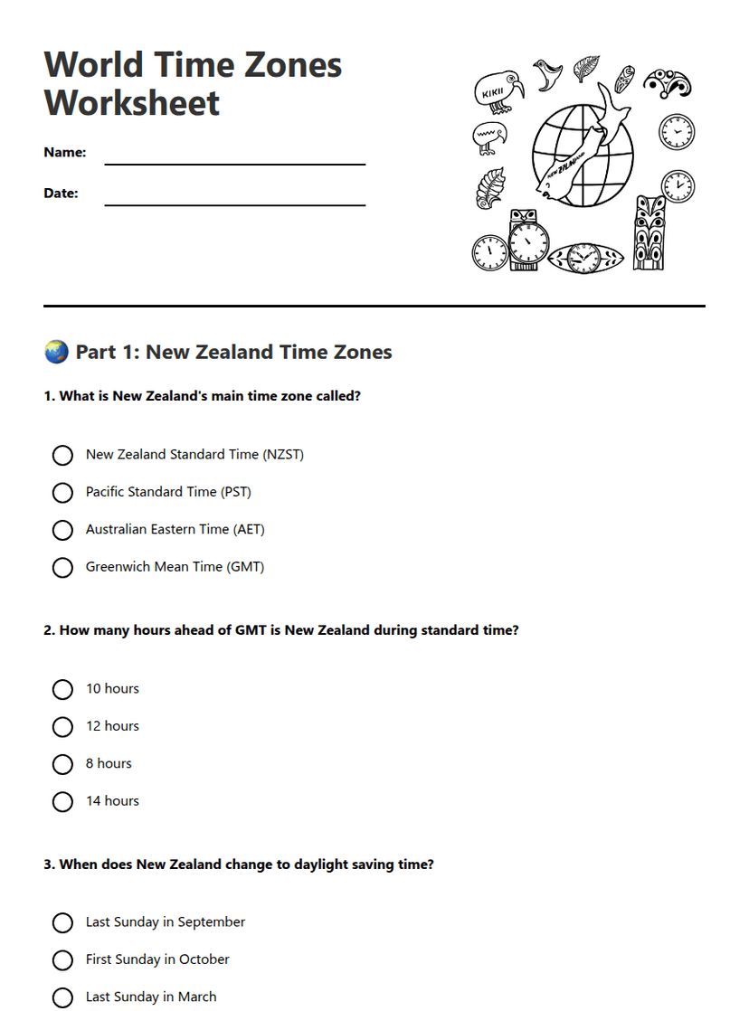 World Time Zones Worksheet