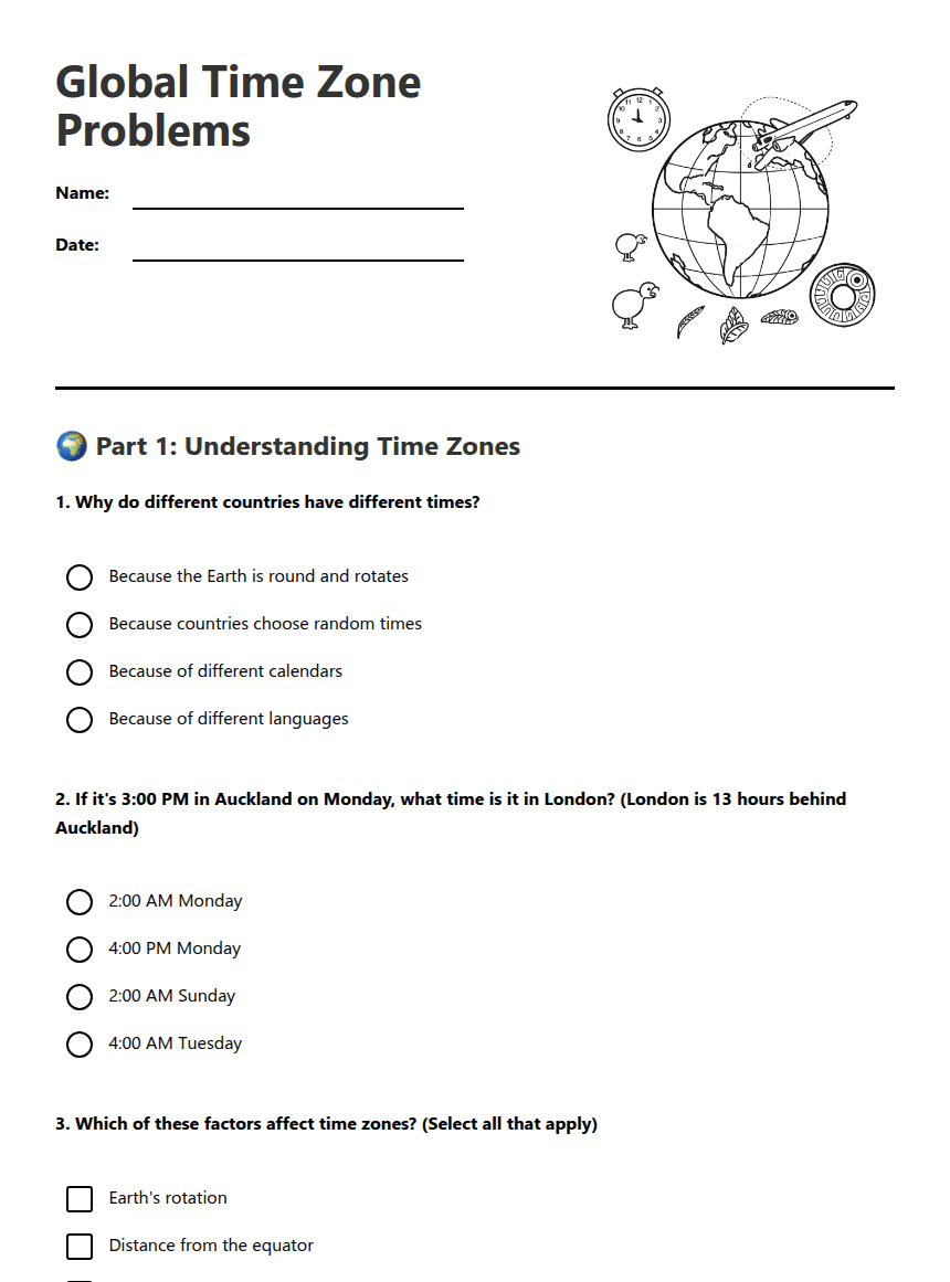 Global Time Zone Problems worksheet preview