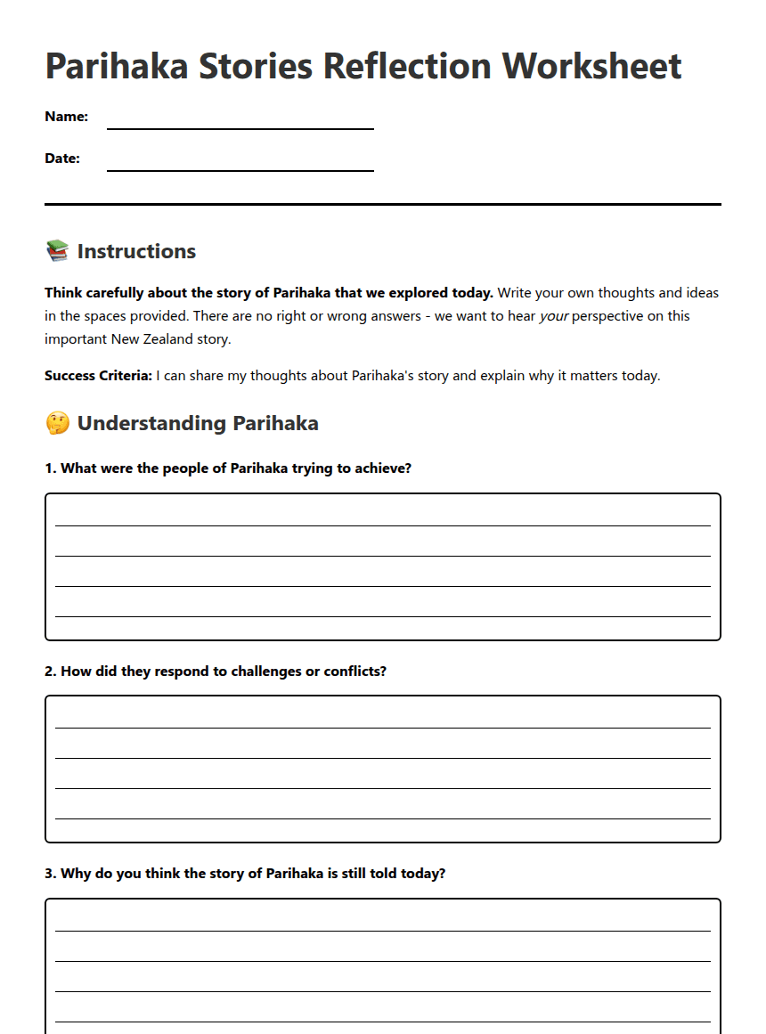 Parihaka Stories Reflection Worksheet worksheet preview