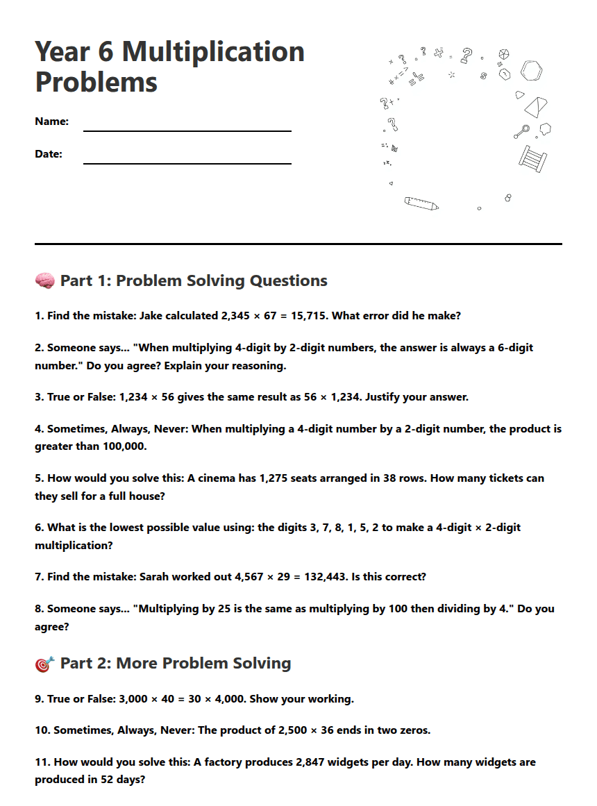 Year 6 Multiplication Problems worksheet preview