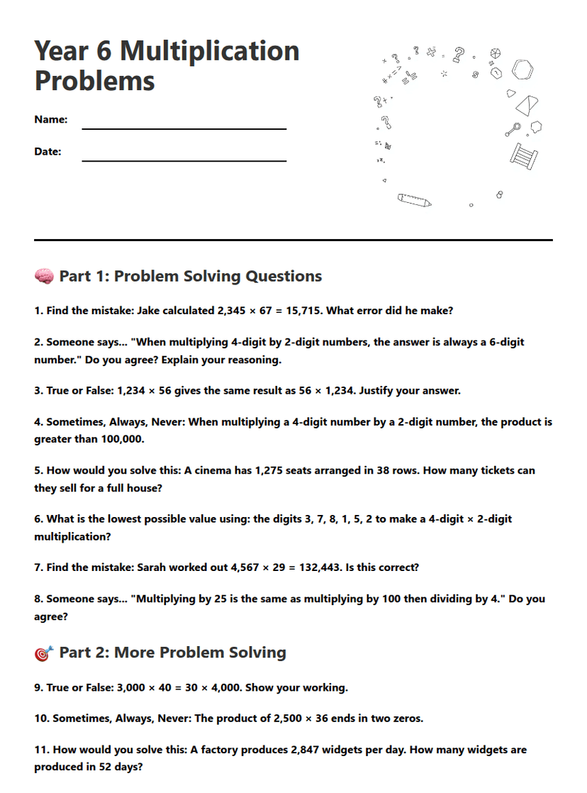 Year 6 Multiplication Problems