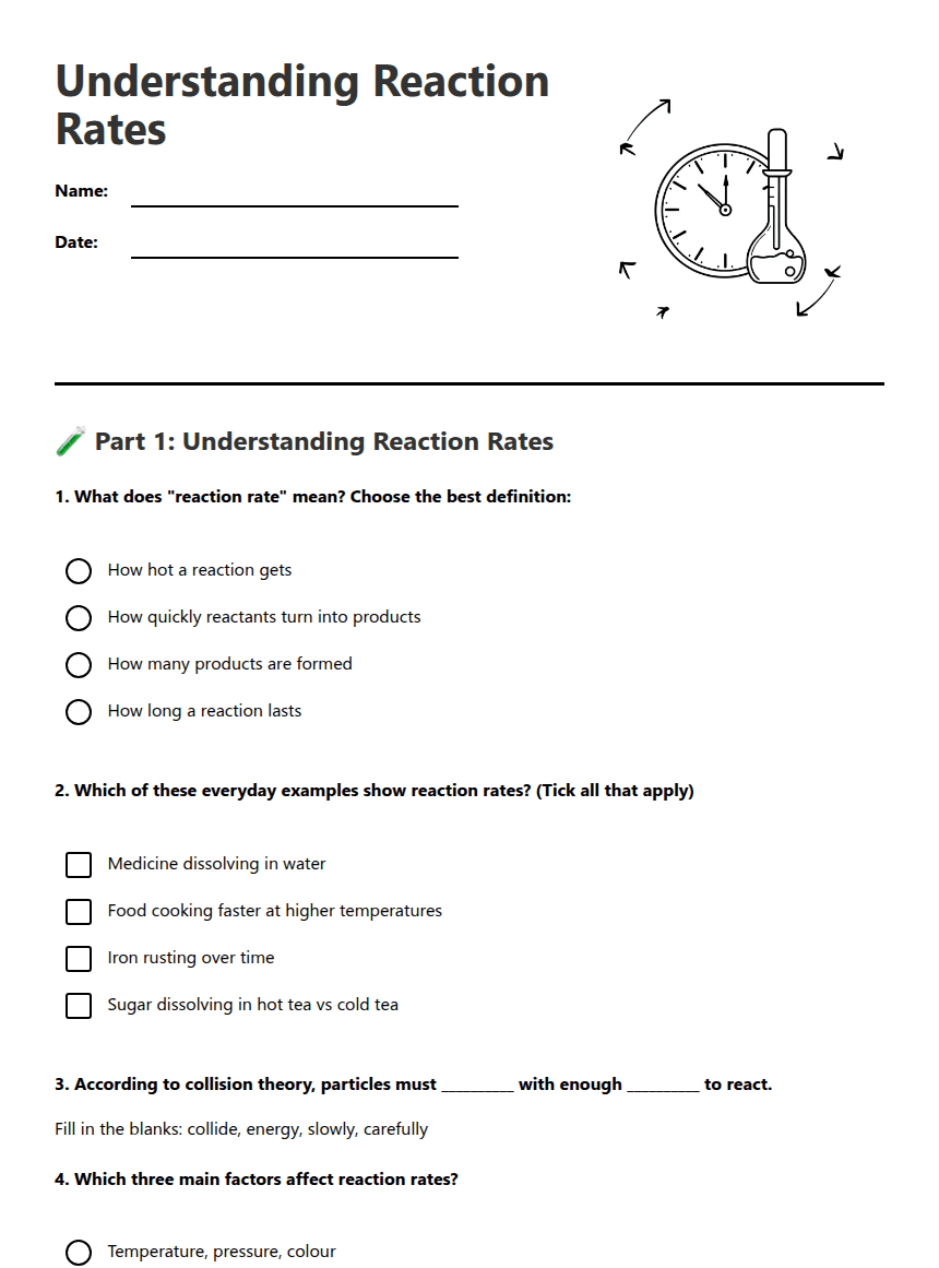 Understanding Reaction Rates worksheet preview