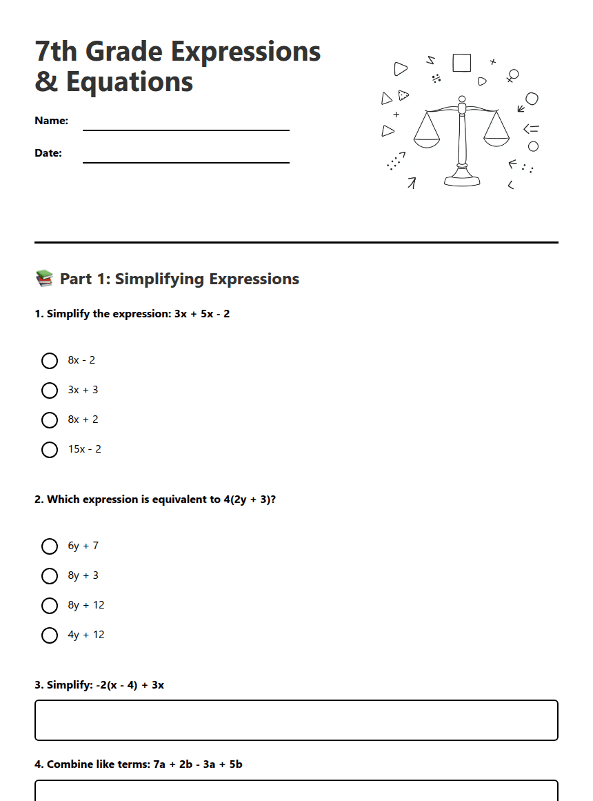 7th Grade Expressions Equations worksheet preview