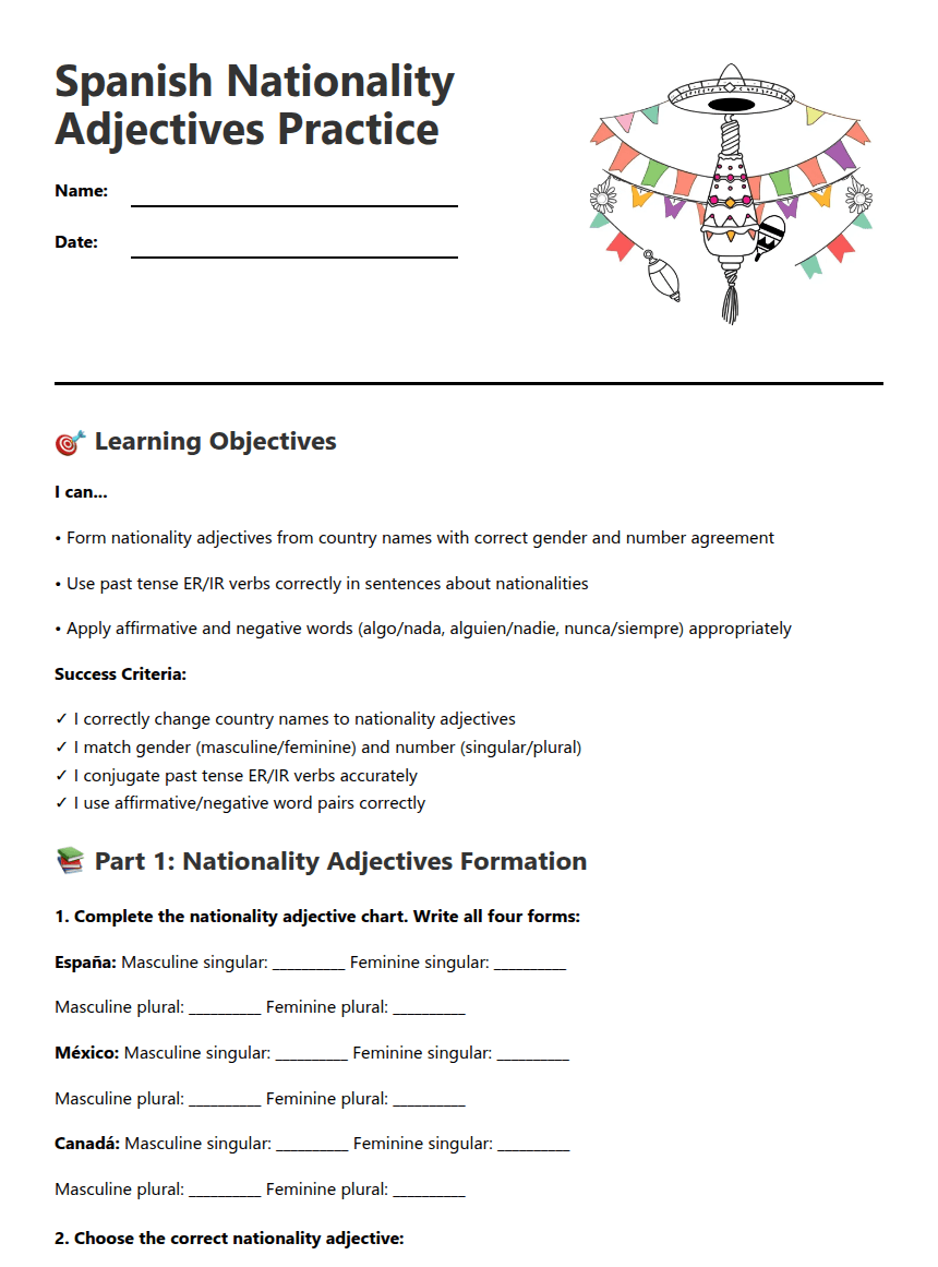 Spanish Nationality Adjectives Practice worksheet preview