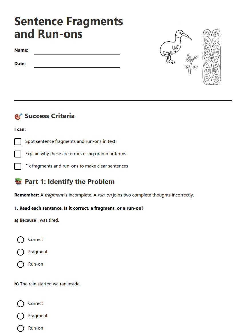 Sentence Fragments Run-ons worksheet preview