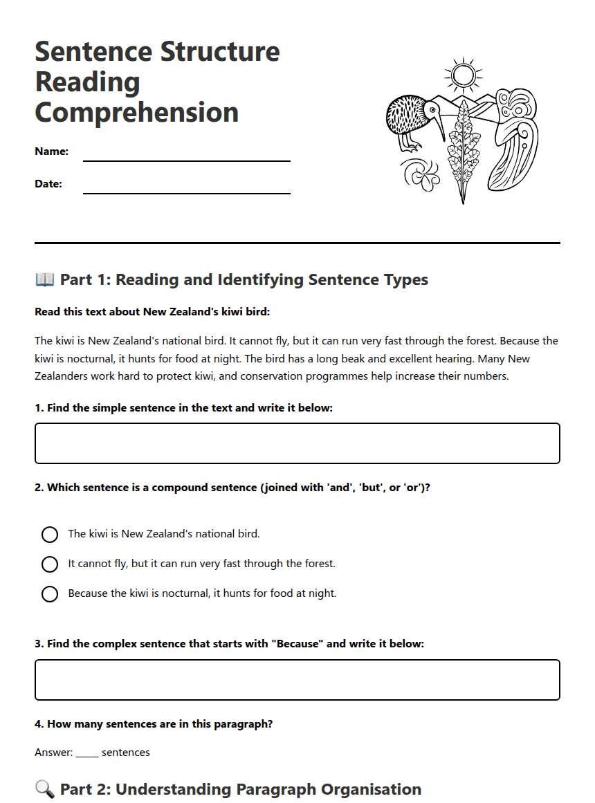 Sentence Structure Reading Comprehension worksheet preview