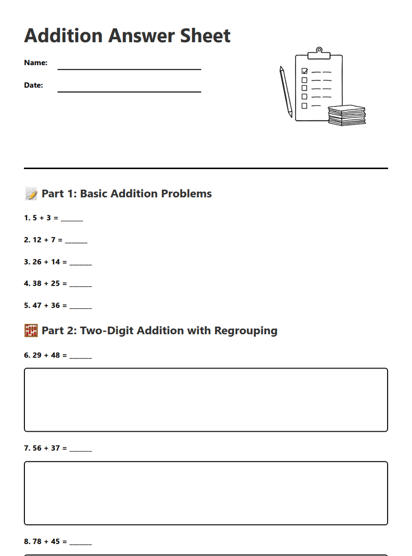 Addition Answer Sheet