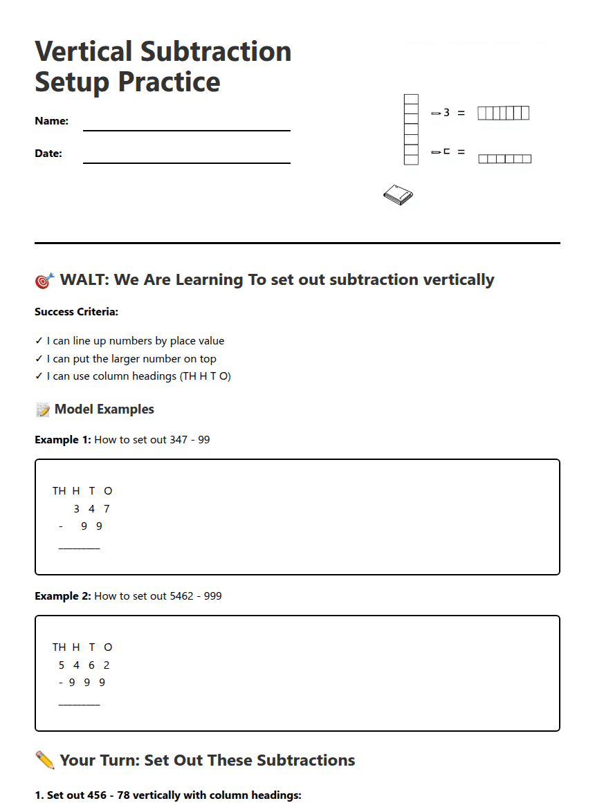 Vertical Subtraction Setup Practice worksheet preview
