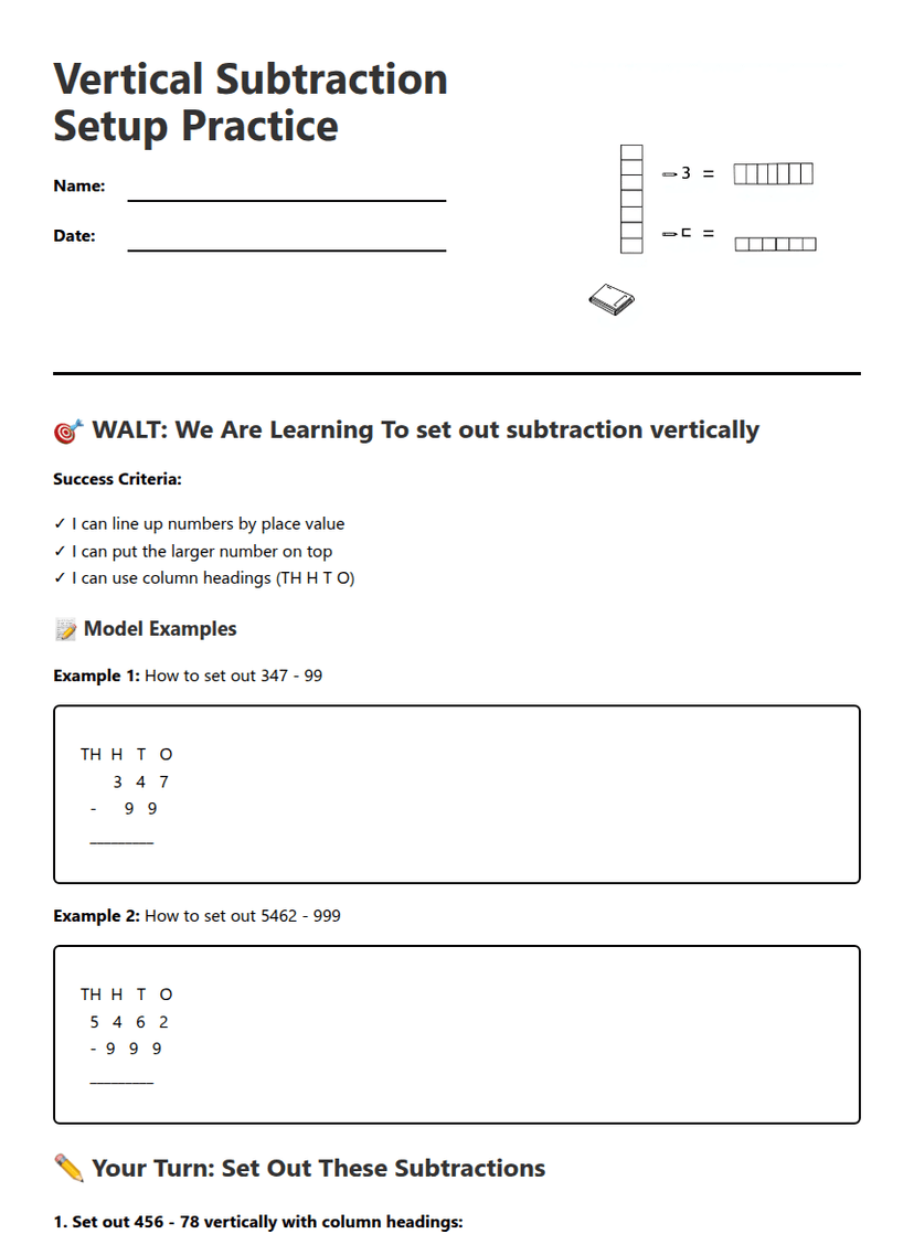 Vertical Subtraction Setup Practice