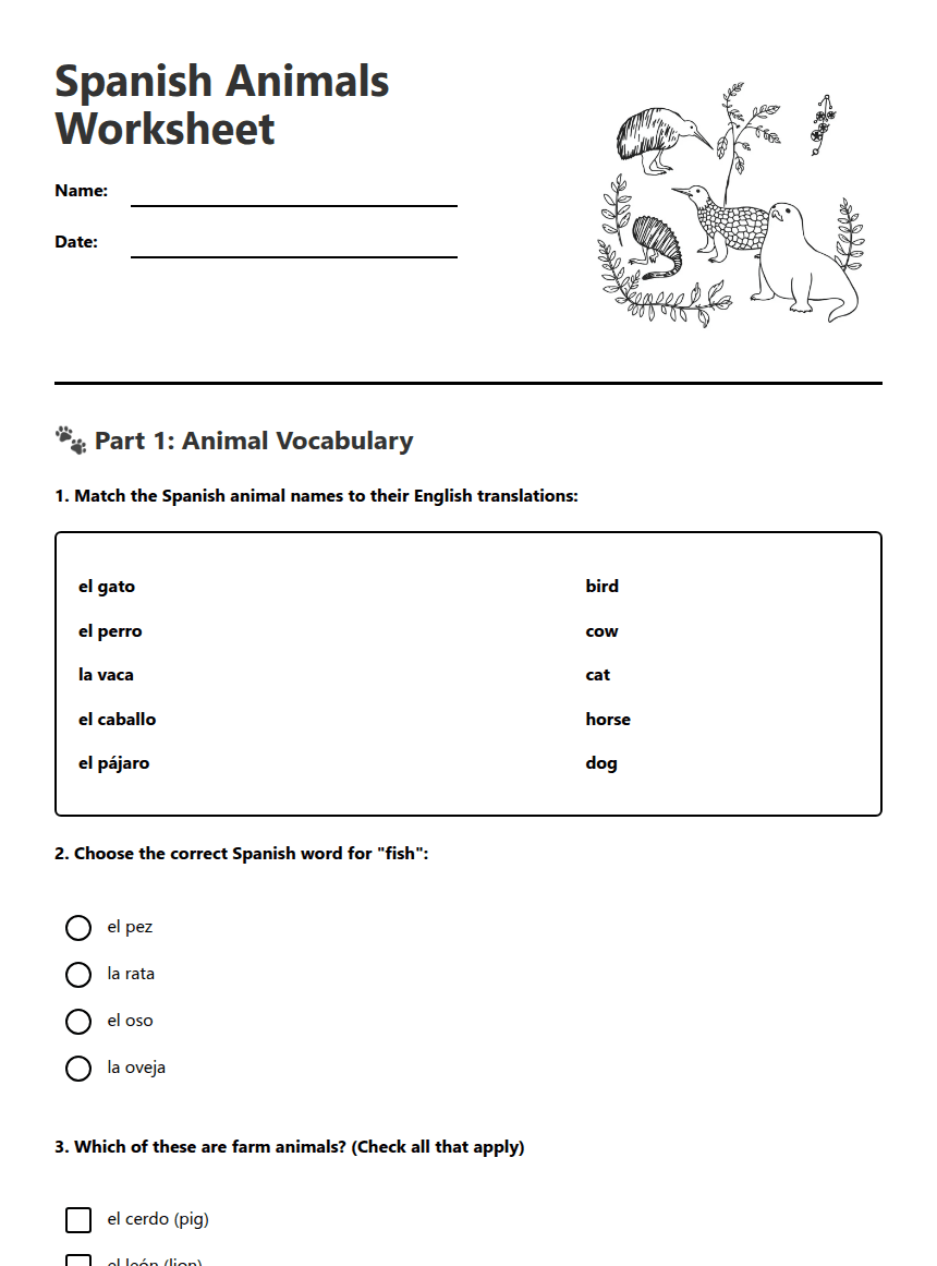 Spanish Animals Worksheet worksheet preview
