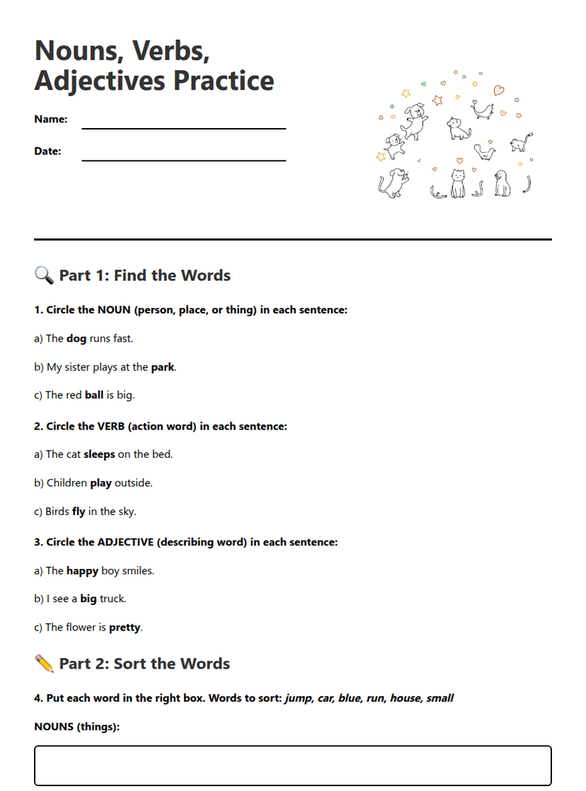 Nouns, Verbs, Adjectives Practice