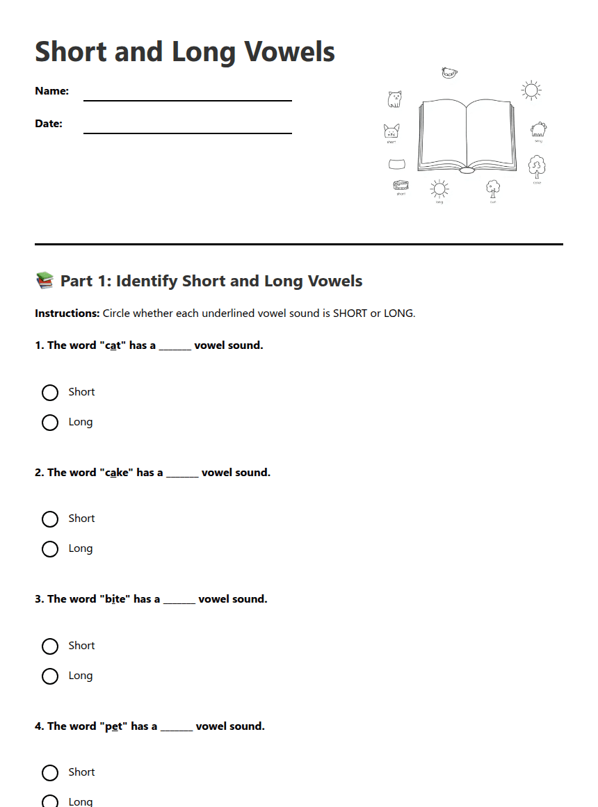 Short and Long Vowels worksheet preview