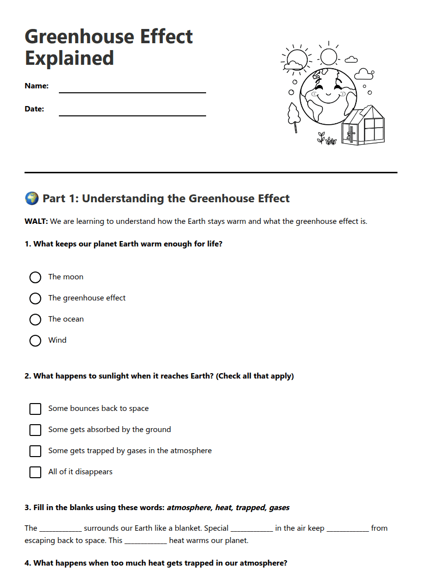 Greenhouse Effect Explained worksheet preview