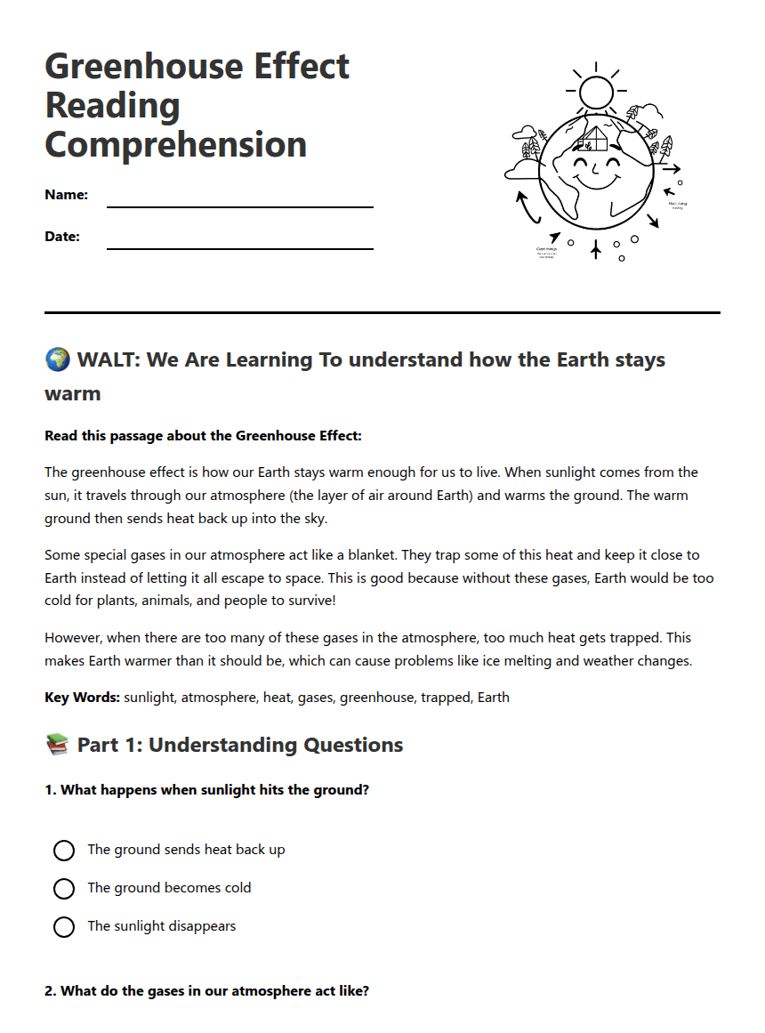 Greenhouse Effect Reading Comprehension worksheet preview