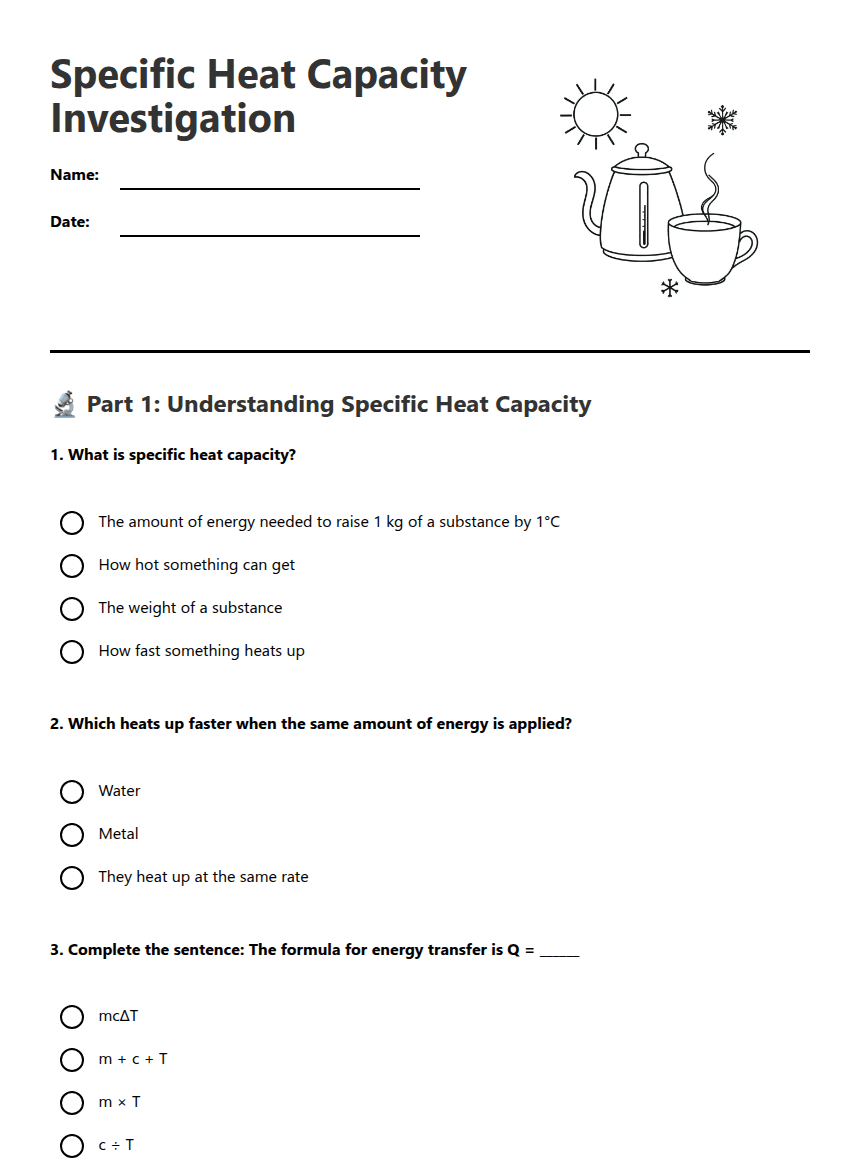 Specific Heat Capacity Investigation worksheet preview