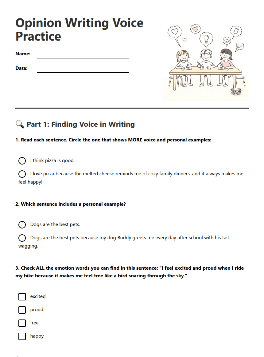 Opinion Writing Voice Practice worksheet preview