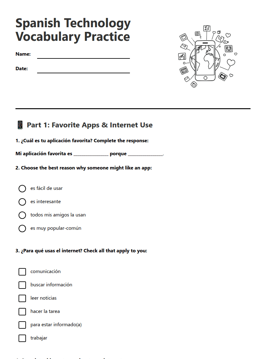 Spanish Technology Vocabulary Practice worksheet preview