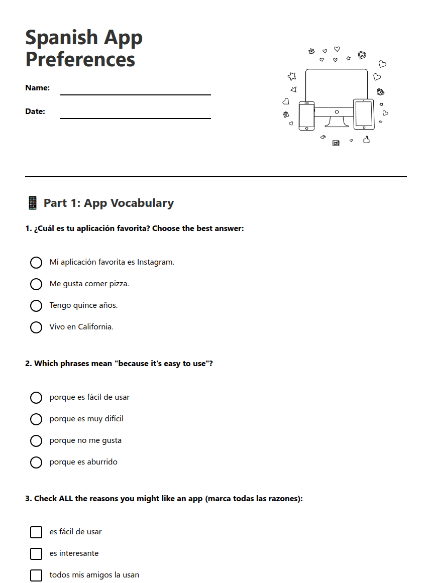 Spanish App Preferences worksheet preview