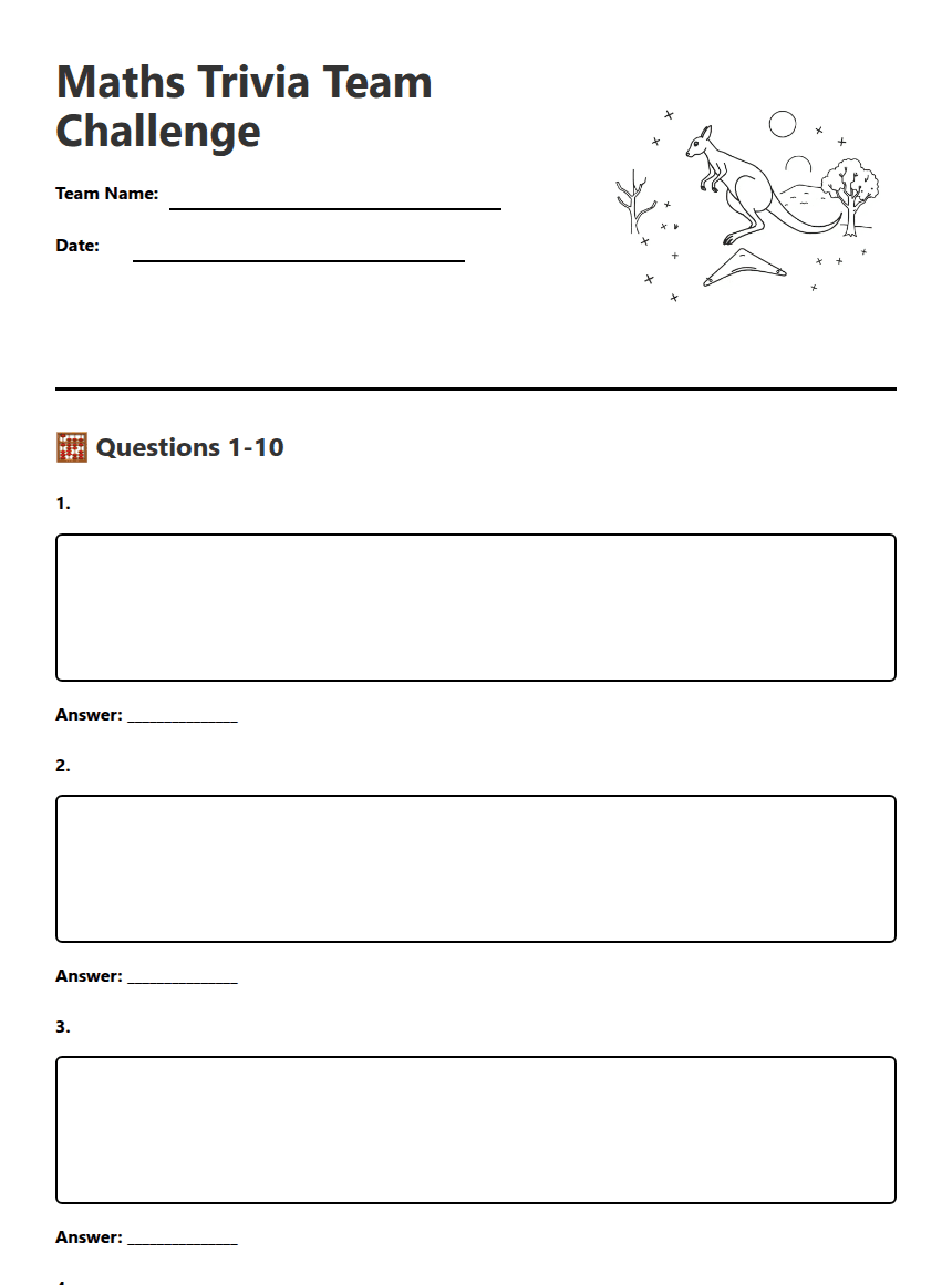 Maths Trivia Team Challenge worksheet preview