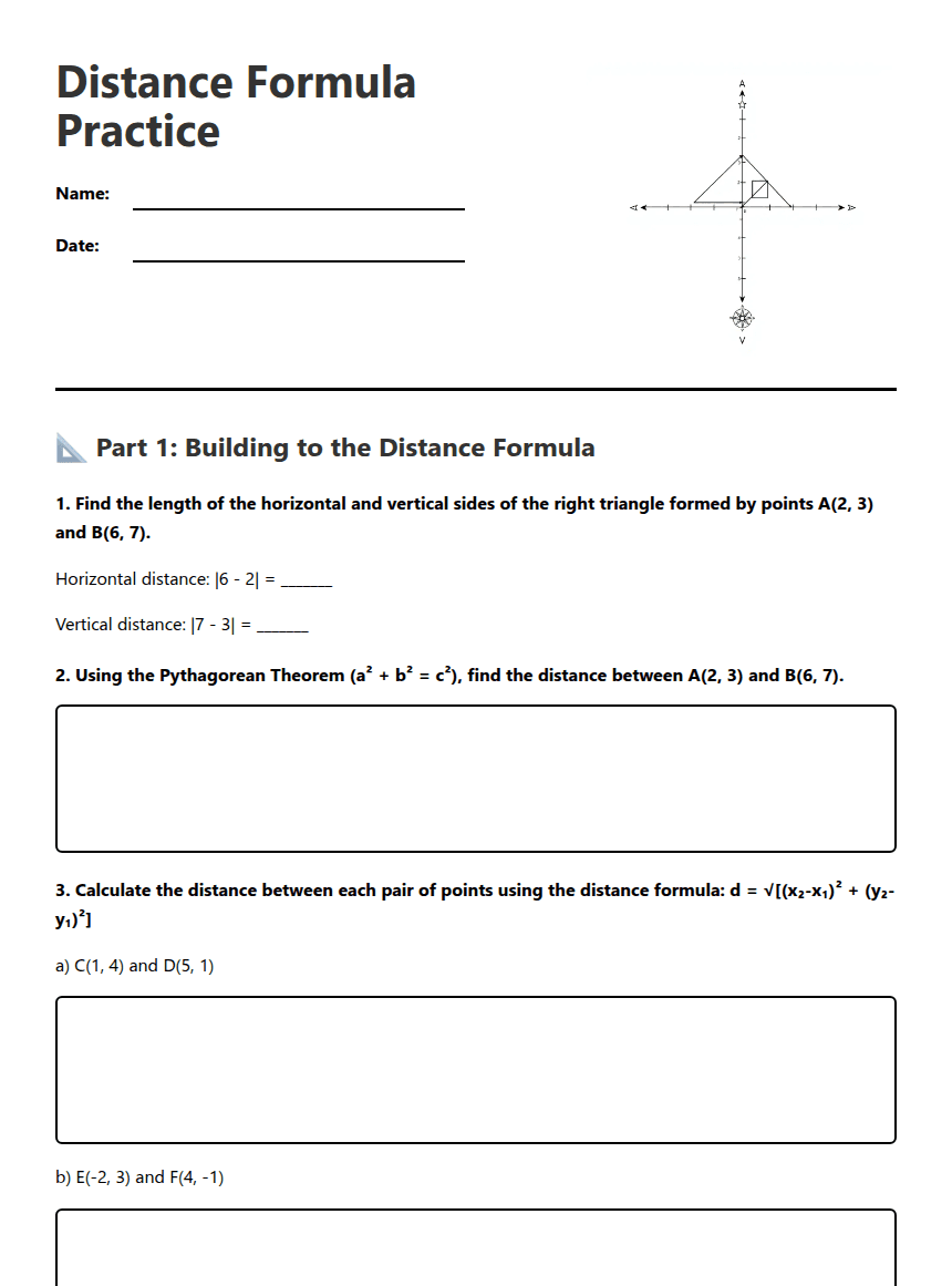 Distance Formula Practice worksheet preview