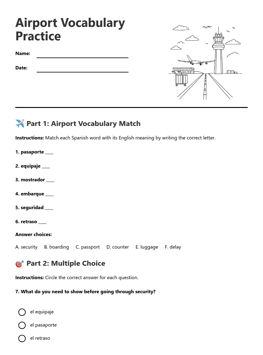 Airport Vocabulary Practice worksheet preview