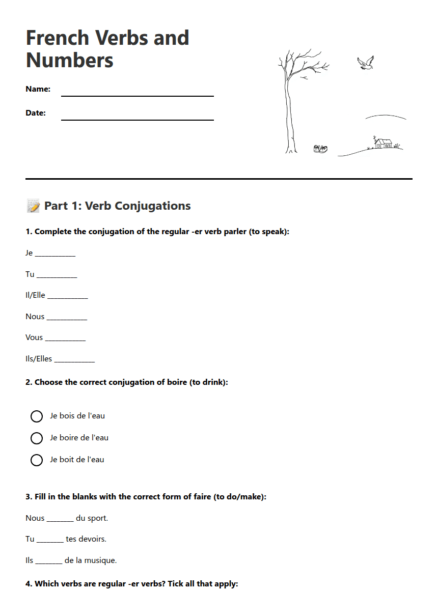 French Verbs and Numbers worksheet preview