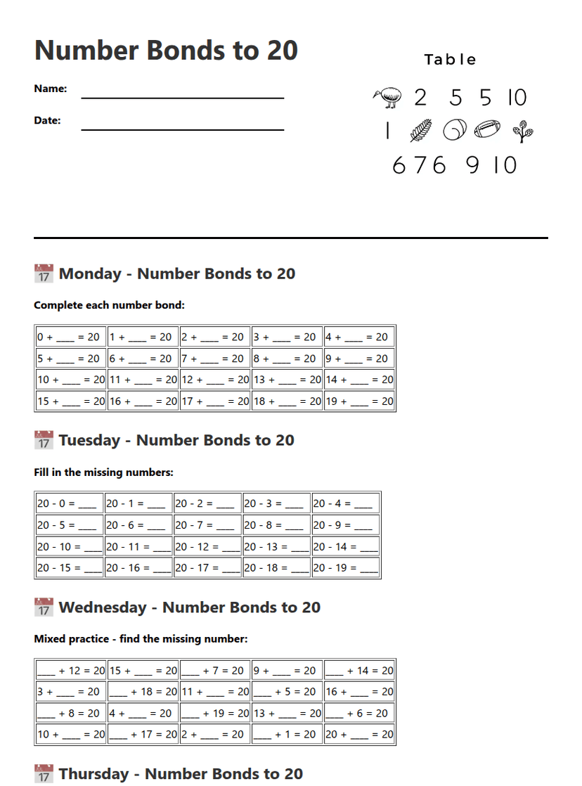Number Bonds to 20