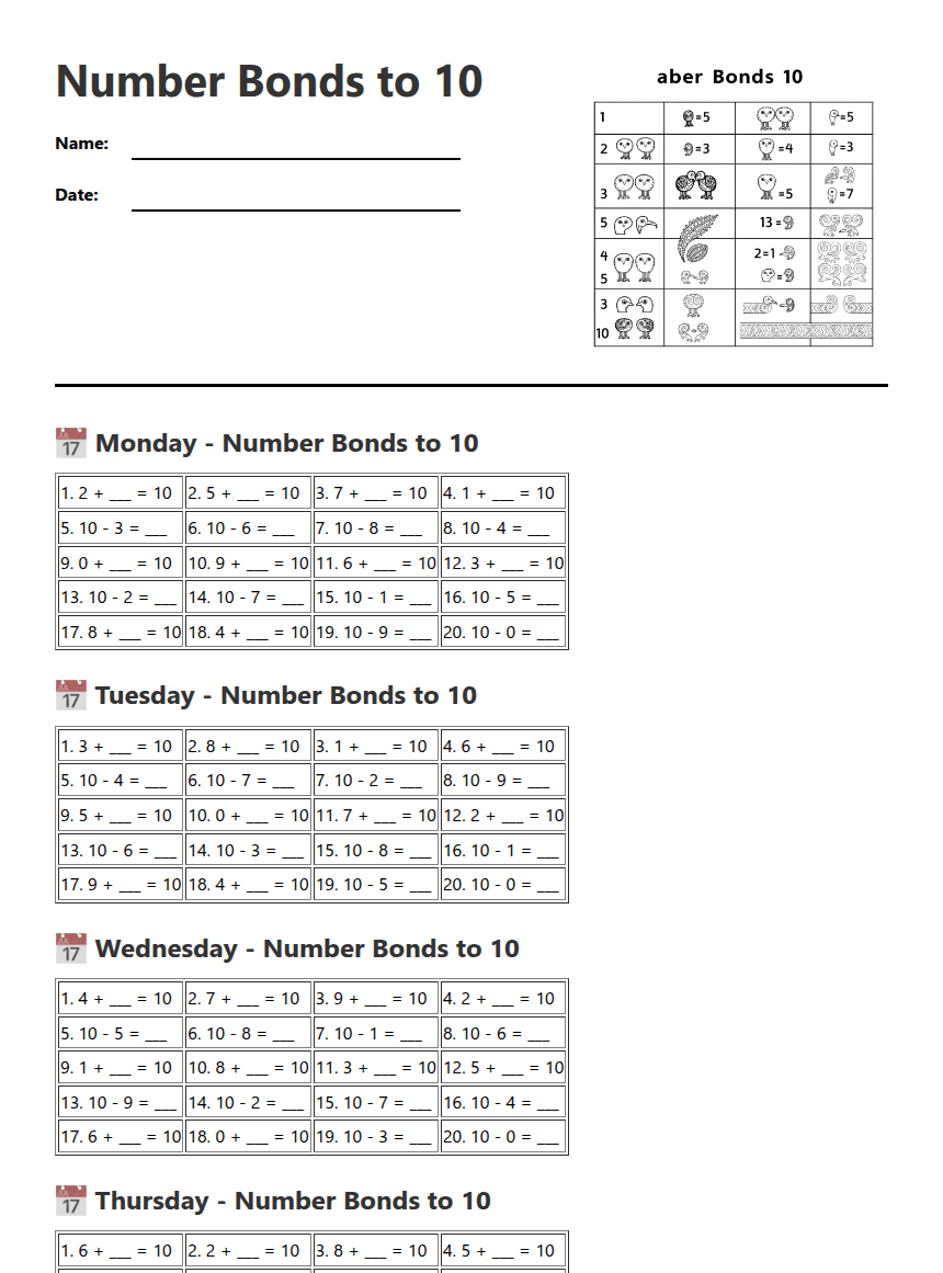 Number Bonds to 10 worksheet preview