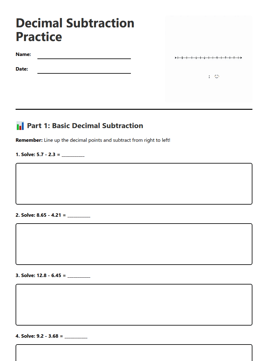 Decimal Subtraction Practice worksheet preview