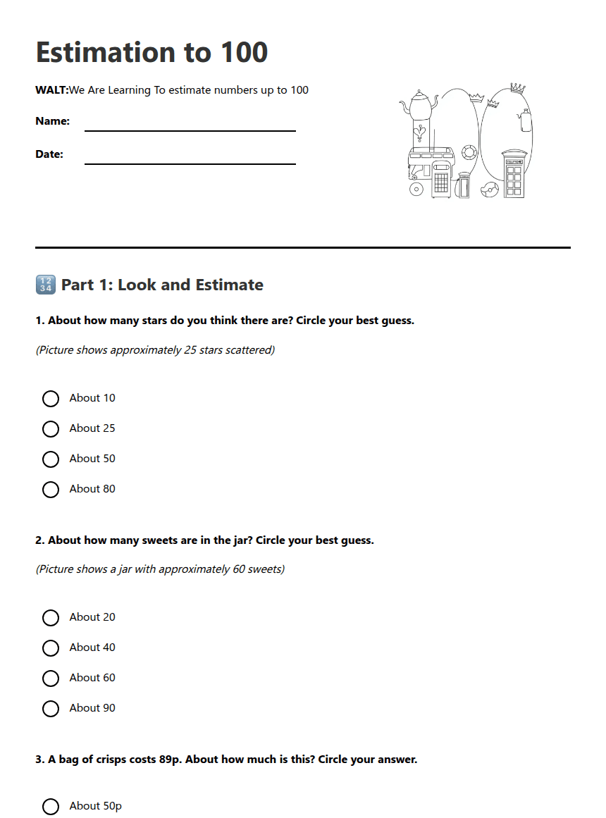 Estimation to 100 worksheet preview