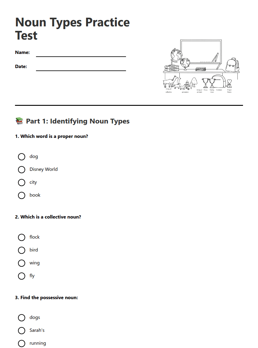 Noun Types Practice Test worksheet preview
