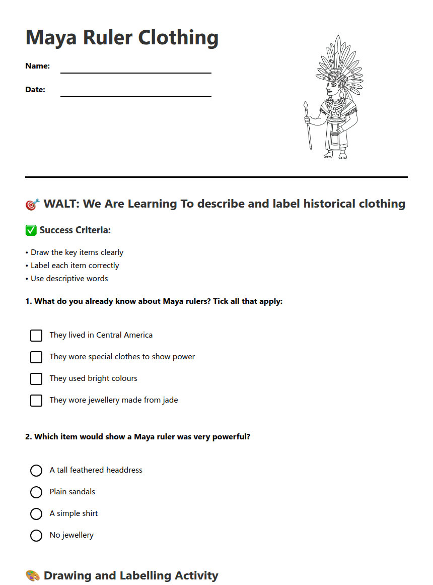 Maya Ruler Clothing worksheet preview