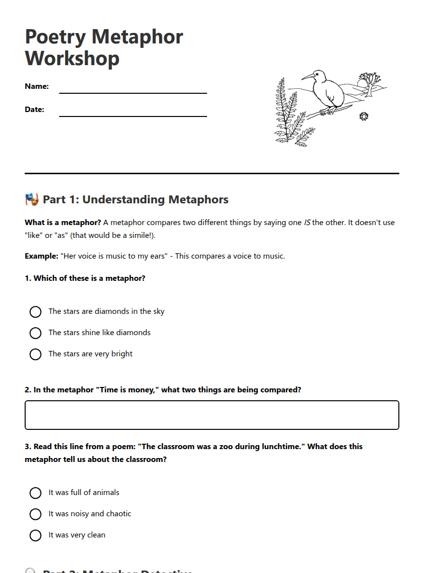 Poetry Metaphor Workshop worksheet preview