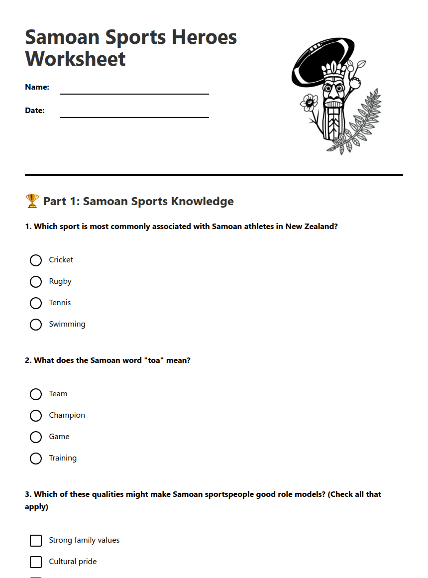 Samoan Sports Heroes Worksheet worksheet preview