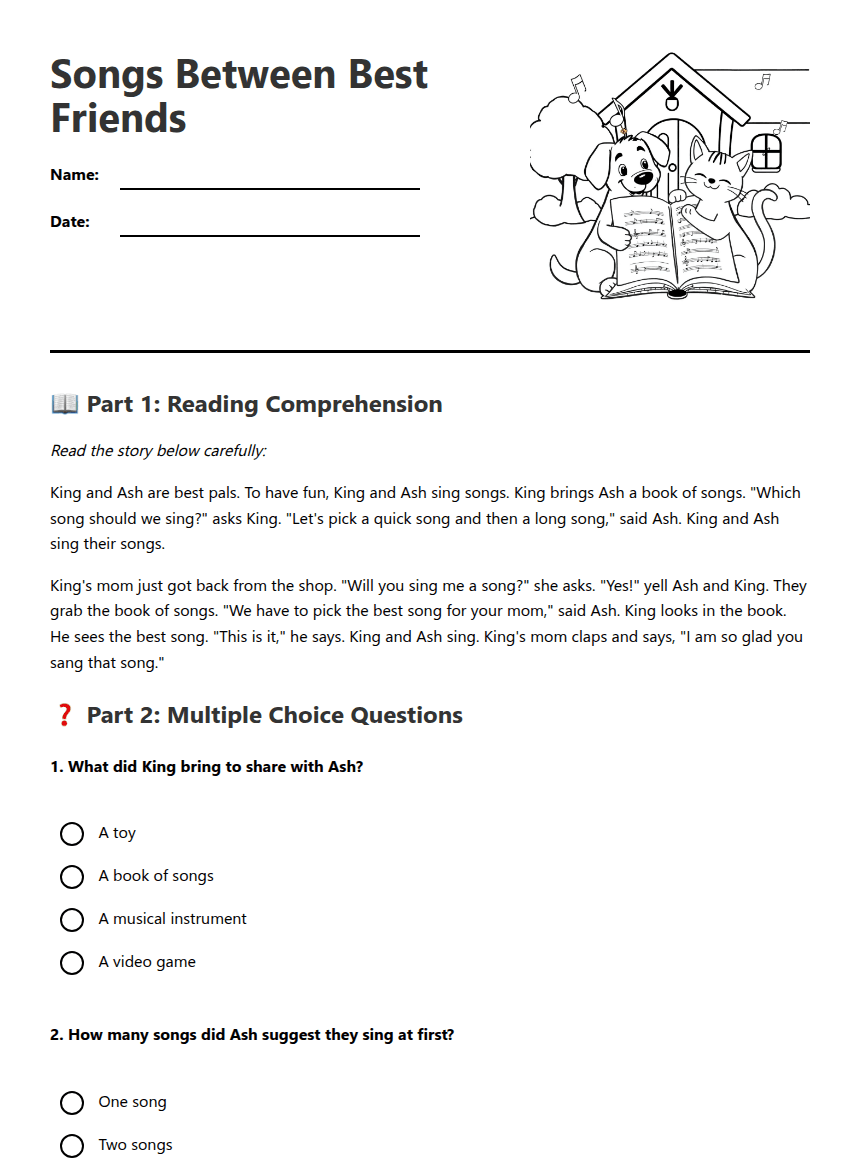 Songs Between Best Friends worksheet preview