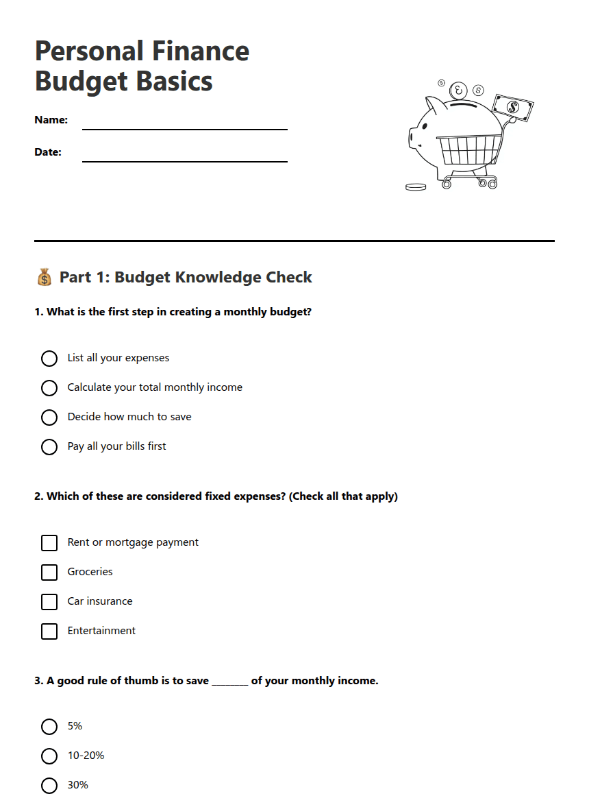 Personal Finance Budget Basics worksheet preview