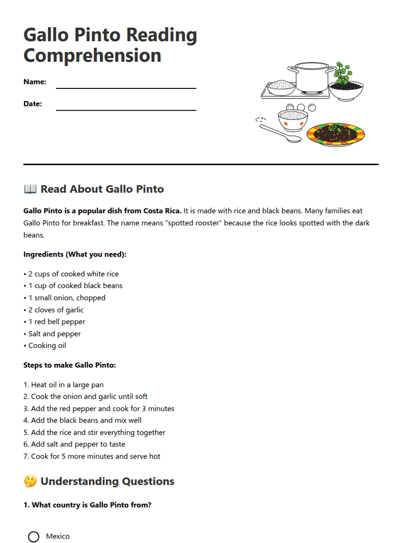 Gallo Pinto Reading Comprehension