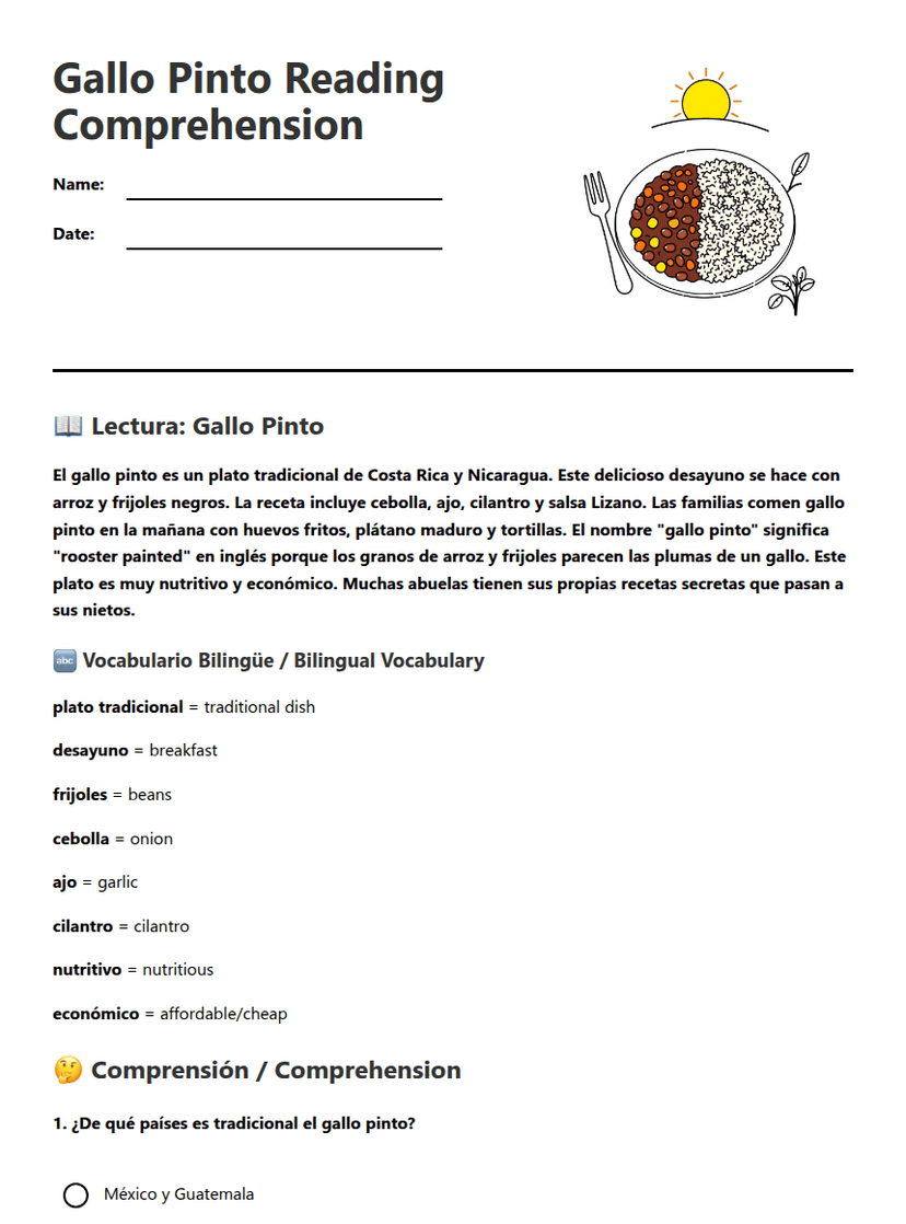 Gallo Pinto Reading Comprehension
